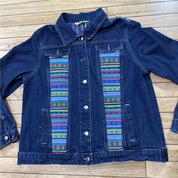 TANTRUMS Jean Jacket Women M Rainbow Boho Floral Tribal Aztec Western Blue Denim - Picture 16 of 16